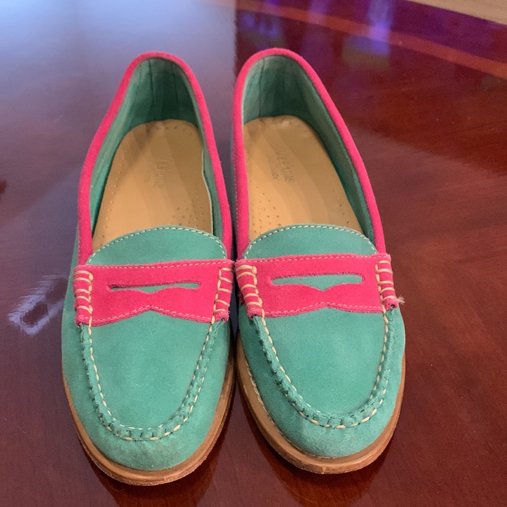 Weejuns Bass Whitney Color Block Suede Penny Loafers Green Pink  Women's Sz 7.5.